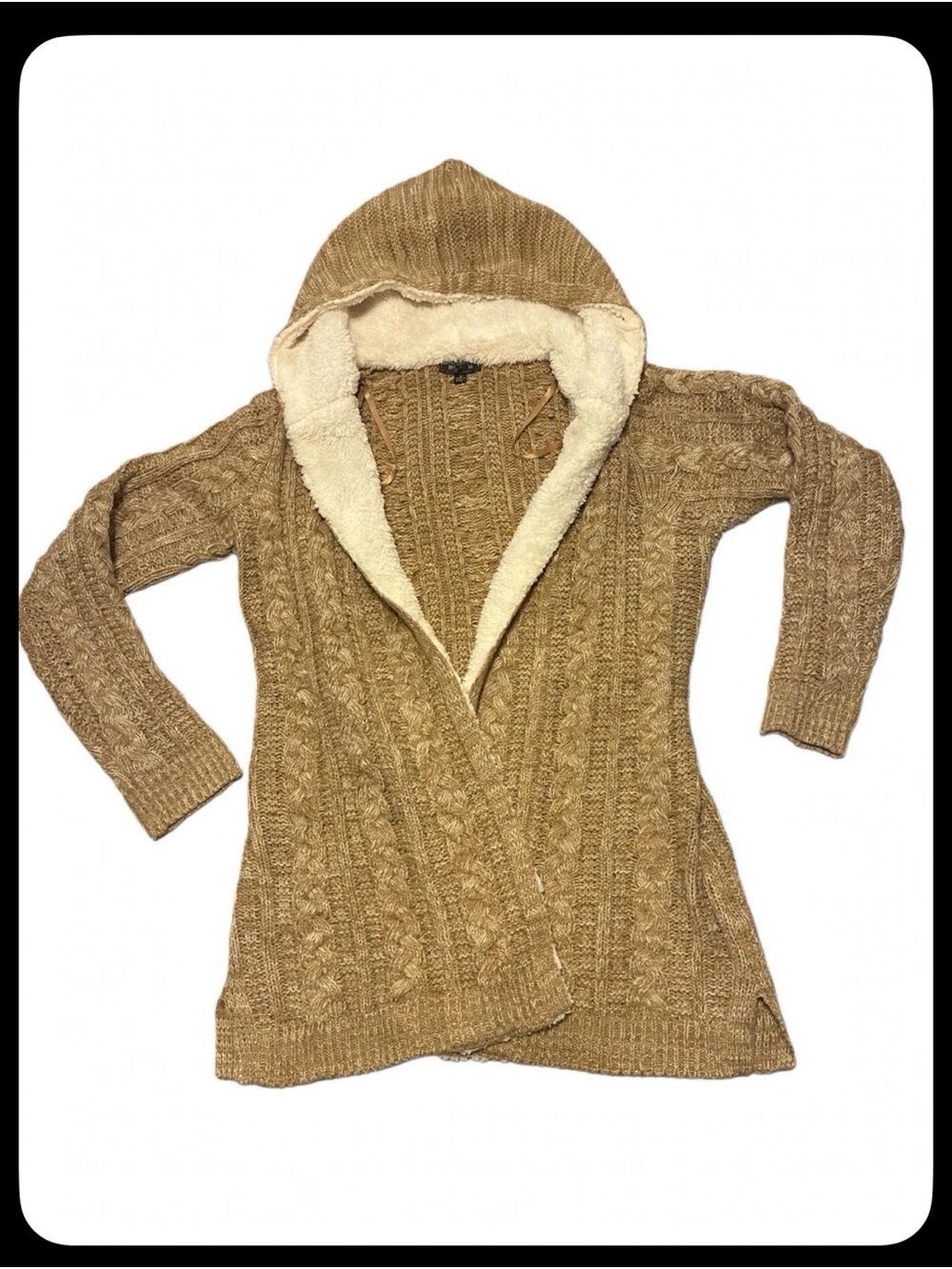 Lety & Me Tan Cable Knit Hooded Sherpa Lined Open Cardigan Sweater Size Small